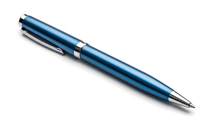 An office item with a metallic blue pen positioned diagonally on a white background.