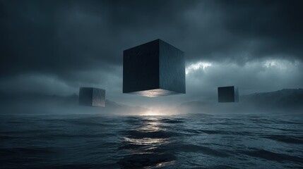 floating cubes over water landscape surreal mysterious dark nature wallpaper background image for desktop