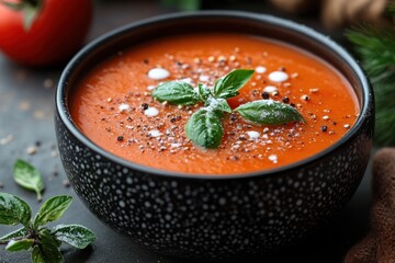 Bowl of tomato soup garnished with basil and pepper.