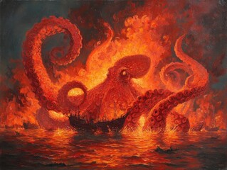 Dramatic Oil Painting of Giant Fiery Octopus Attacking Sailing Ships on a Burning Sea Under a Dark, Ominous Sky