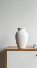 Minimalist Blank Ceramic Vase Mockup on a Wooden Console Table with Classic Mid-Century Style