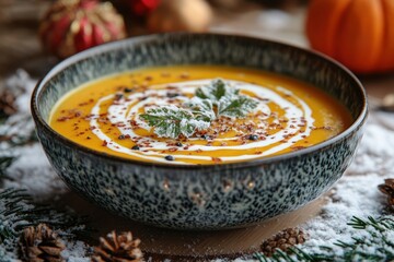 Creamy soup topped with fresh herbs in a bowl.