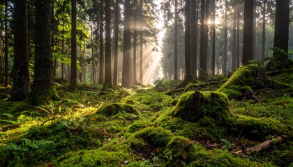 Sunlight streams through a dense mossy forest