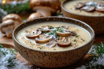 mushroom-topped soup bowls.