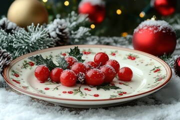 Plate with cherries in the snow.