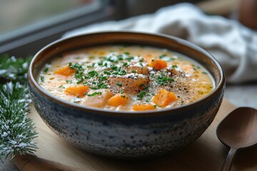 Bowl of soup with carrots and parsley.