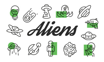 Aliens poster. Aliens poster design with UFO, Alien, Raygun, Spaceship, and Meteor icons. Simple poster for presentations, covers. Banner template. Vector illustration.