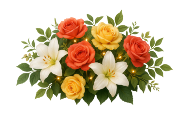 A decorative table centerpiece with faux flowers and LED lights, perfect for home