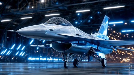 7Modern military fighter jet parked inside hangar bathed in blue lighting, sleek metallic surfaces reflecting neon glow, cinematic high-detail photograph - Powered by Adobe