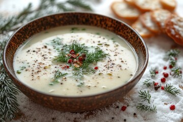 Cream soup garnished with herbs and spices in a bowl.