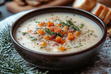 Bowl of soup accompanied by bread.