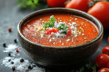 Bowl of tomato soup garnished with parmesan and parsley.