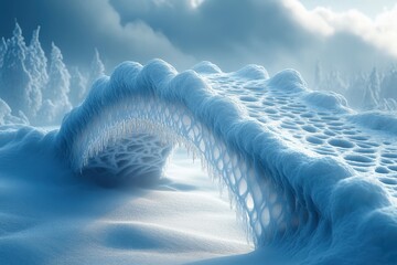 Snow-covered bridge in snowy landscape.