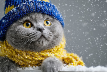 Gray British Shorthair Cat Wearing Blue Hat and Yellow Scarf in Snow