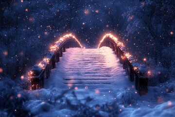 Fireflies fluttering by a snowy bridge.