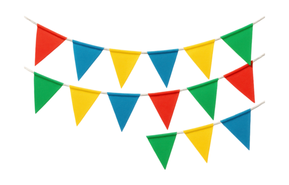 Colorful triangular fabric flags on a cord for decorating a child's birthday party.