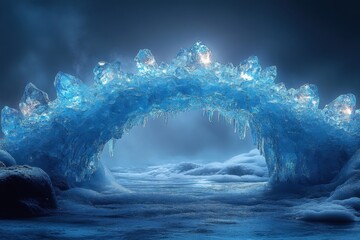 Ice arch in the ice cave, glowing light piercing through, creating a mesmerizing natural spectacle.