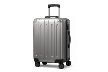 Silver hard shell carry-on suitcase standing on a transparent background, perfect for travel, trips, and business journeys