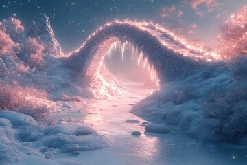 A snow-covered bridge crossing a stream.