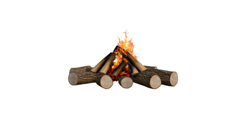 Campfire burning with logs on white background, cut out transparent