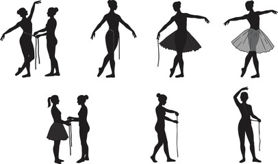 Ballet dancer fitting costume with tailor, ballerina measurement process before performance, graceful dance preparation, elegance, art, and stage fashion design concept