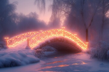 Snow-covered bridge lit up at night.
