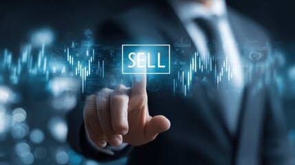 businessman in a formal suit touching a transparent digital interface with the word sell highlighted futuristic business concept with virtual icons representing growth business strategy and finan