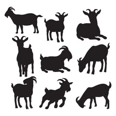 set of goat silhouettes in various poses isolated on white background showing farm animal wildlife and agriculture concept perfect for rural nature and livestock vector designs