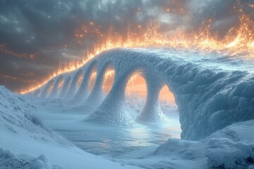 Massive arch of fire over ice-covered mountain.