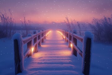 Snowy path at night leading to light.
