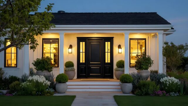 25Modern farmhouse entry with bold black front door, symmetrical columns on either side, white siding textured in vertical lines, sconces glowing warmly