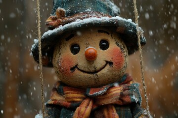 Snowman sitting on swing in snow.