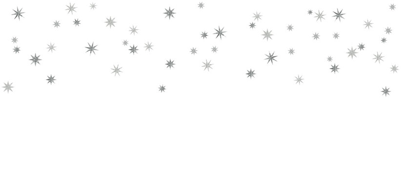 Silver stars border isolated on transparent background, festive sparkle shiny confetti star decor for celebration