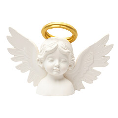 Angel figurine with golden halo and white wings on isolated background  