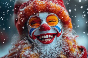 Smiling clown with painted face and red hair in the snow.