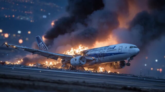 45Catastrophic airport disaster, airplane blazing with uncontrollable fire, thick dark smoke spreading, glowing wreckage on runway