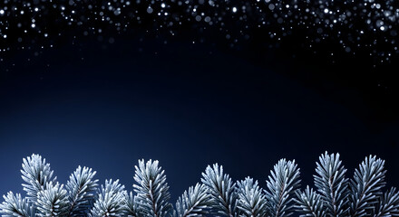 Midnight blue Christmas background with frosted pine branches and falling snow