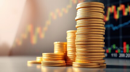 Stack of gold coins with stock market graph, representing financial growth