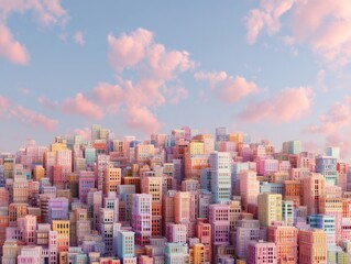 Panoramic pastel toy city skyline under a soft pink cloud sky vibrant miniature urban landscape artistic render