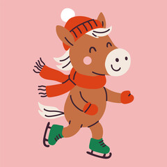 Adorable Pony Skating on Ice Wearing Scarf and Hat