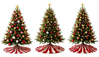 Obraz premium Three decorated christmas trees with red and gold ornaments and striped tree skirts isolated on white background