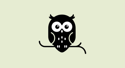 Cute black owl silhouette perched on a branch simple illustration