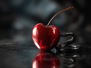 A single luscious red cherry with a long stem rests beside a sleek black snake