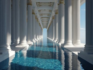 Luxurious hall with white and gold columns reflecting in clear blue water, leading to a bright archway and open ocean under a daylight sky.