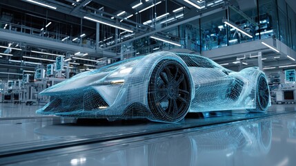 futuristic car design with wireframe and technical interface in a modern automotive facility