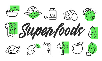 Superfoods poster. Superfoods poster design with healthy icons. Broccoli, Avocado, Lemon, Apple, Salad icons. Simple poster for presentations, covers. Banner template. Vector illustration.