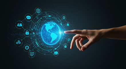 A human finger pointing at a glowing digital globe, surrounded by various icons.