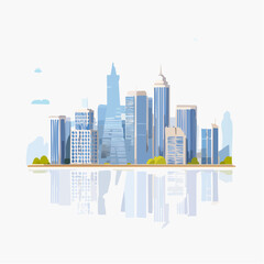 Obraz premium Modern cityscape with tall buildings and reflection on white background