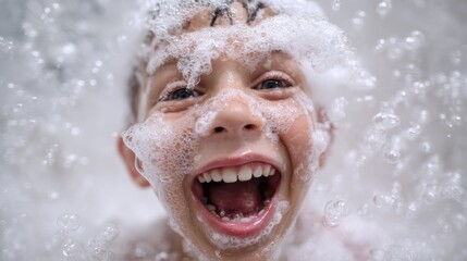 joyful boy covered in bubbles laughing in shower