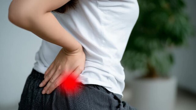 83Woman with hand pressed to her hip, vivid red spot marking hip pain, clinical plain white backdrop